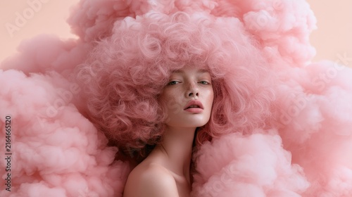 Portrait of young woman with voluminous soft pink curly hair surrounded by pink smoke creating dreamy surreal and artistic effect in beauty photography