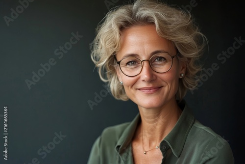 Smiling middle aged woman with blonde hair and glasses wearing a green shirt portrait