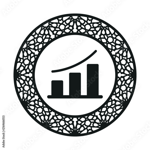 Islamic business growth chart icon, black mandala frame with financial bar graph, arabic style data analytics vector