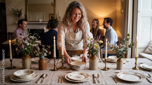 Woman hosting dinner party setting table with flowers and candles for guests