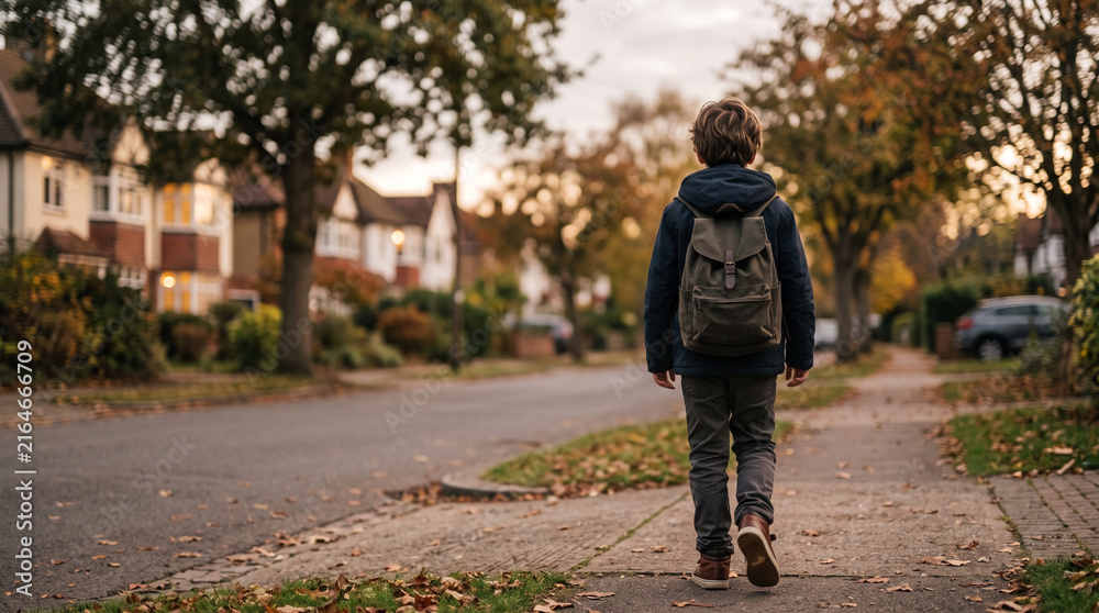 Fototapeta premium Boy walking down suburban street with backpack in autumn