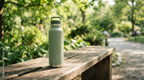 A light green reusable stainless steel water bottle sitting on a weathered wooden park bench surrounded by lush green trees and a blurred path