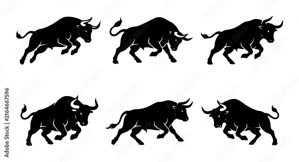 Obraz premium Dynamic Bull Silhouettes, Powerful Bovine Poses, Aggressive Animal Icons, Fierce Livestock Vector Graphics, Wild Mammal Collection