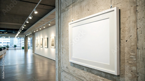 Art gallery mockup with empty frame on concrete wall