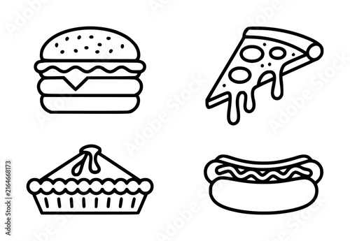 Set of black and white line featuring popular fast food including a burger, pizza, pie, and hot dog