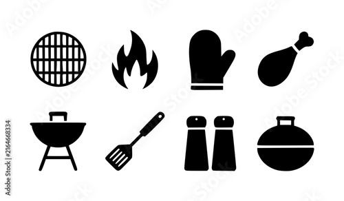 Set of black silhouette representing barbecue, cooking tools, fire, and food for summer grilling events