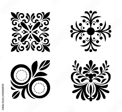 Set of four decorative black and white floral ornaments and damask patterns for projects