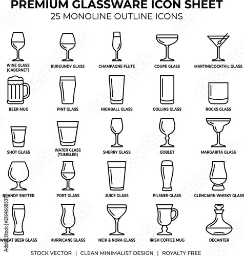 Bild auf Leinwand Premium Glassware Icon Set - Wine Glass, Beer Mug, Martini, Margarita and Whisky