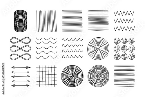 Set of hand-drawn geometric patterns and abstract shapes featuring lines, spirals, waves, and grids in black ink