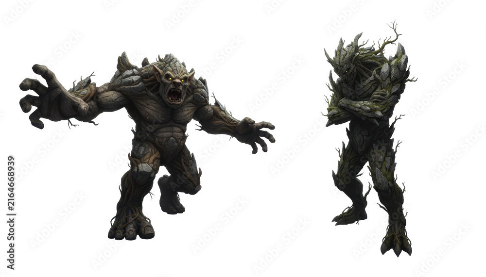 Fototapeta premium Two Fantasy Forest Monsters and Stone Tree Creatures