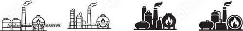 Gas production icon set in black and white styles for energy, industry, fuel, pipelines, processing.