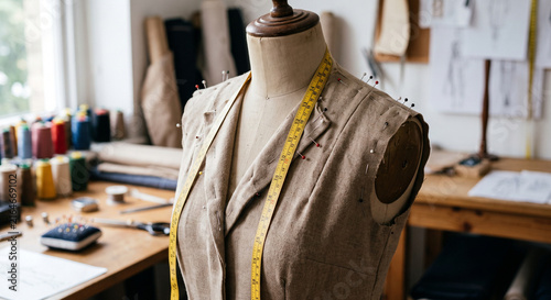 Close view of a pinned cream toile bodice on a dress form with measuring tape around the neck and blurred tailoring tools in the background, for precise garment workshop production