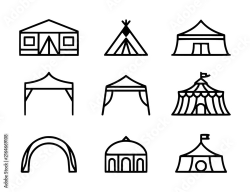 Set of nine black and white line representing various types of camping tents and outdoor shelters