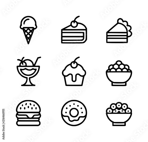 Set of nine simple black and white line representing various delicious desserts and fast food