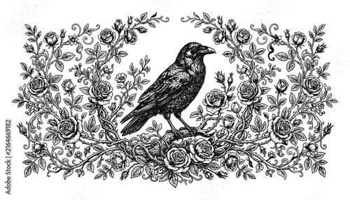 Detailed vintage engraving illustration of a raven bird perched among floral rose branches with floral wreath black and white retro design crow perched nature art dark art