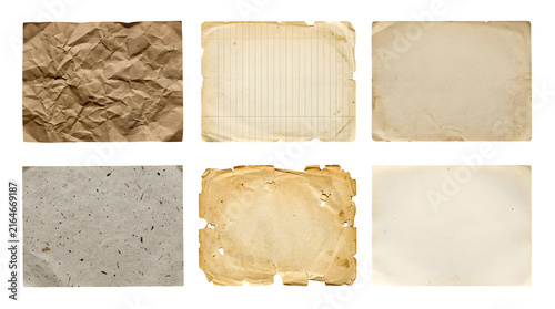 Vintage paper textures collection, a rustic set of six aged and distressed brown and beige paper backgrounds, perfect for antique design elements and retro overlays.