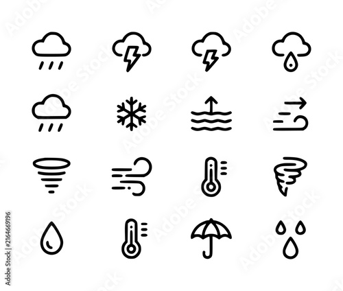 Set of sixteen black and white weather forecast featuring rain, storm, wind, snow, and temperature symbols