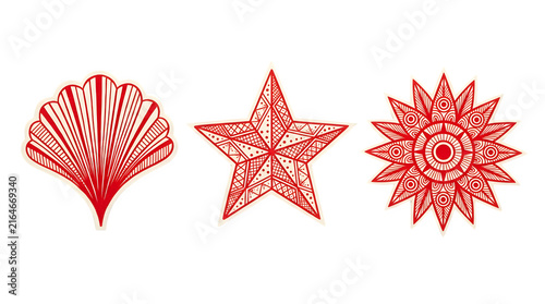 Intricate red line art illustrations, a decorative shell, an ornate star, and a detailed mandala flower. Hand-drawn vector elements for creative design projects.