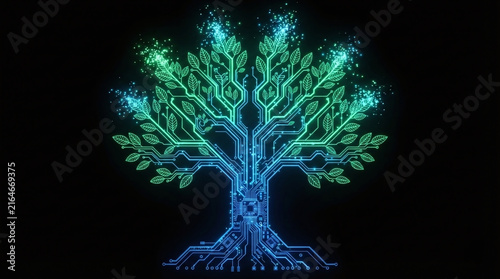 Digital circuit tree with glowing leaves and particles