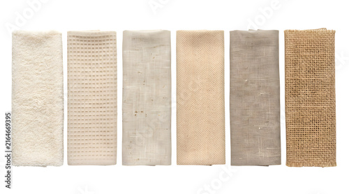 Natural fabric swatches collection, six textured textile samples in earthy neutral tones, versatile material for design and craft projects