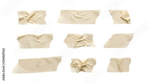 Creased beige masking tape strips, a collection of nine crumpled adhesive pieces, isolated on a clean white background, perfect for design elements and textured overlays.