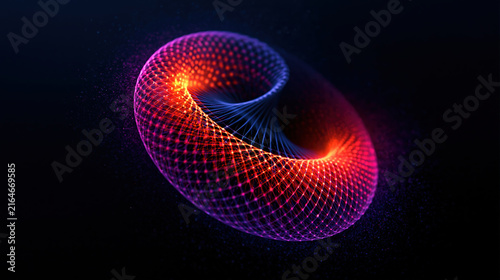 Abstract futuristic glowing neon wireframe torus with interconnected data network nodes on a dark background created with Generative AI Technology, ai, generative