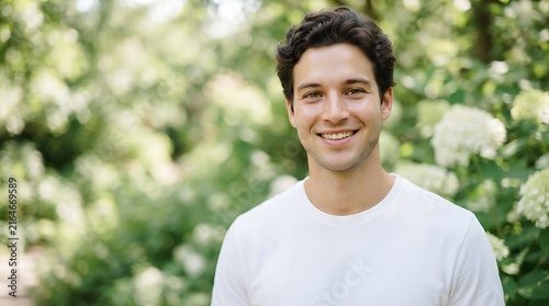 A smiling young man wearing a plain white t-shirt standing outdoors in front of a blurred background, of green foliage, and white flowers