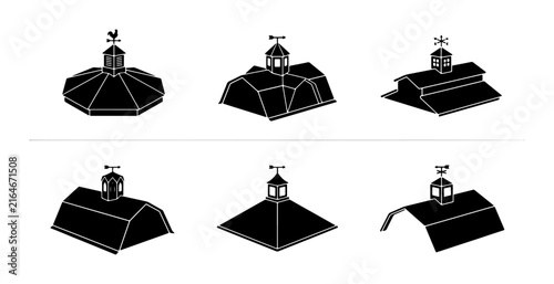 Foto Barn Roof Silhouettes, Farm Building Tops with Weather Vanes, Agricultural Struc