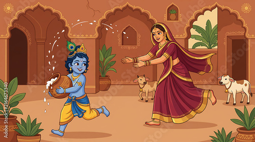 Lord Krishna stealing butter illustration, little Krishna running from Yashoda, traditional Indian mythological scene in a village courtyard
