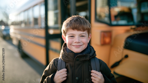 Portrait of a schoolboy in Winter with a yellow school bus on the background. 