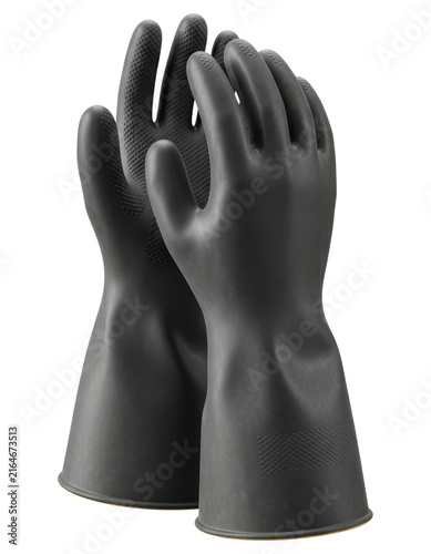Heavy duty black industrial rubber gloves isolated over transparent background
