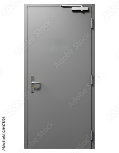 Modern grey industrial metal door with handle isolated on transparent background
