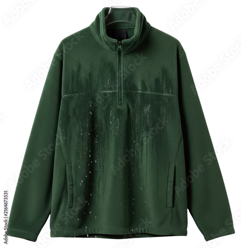 Green half-zip fleece jacket with water droplets isolated on transparent