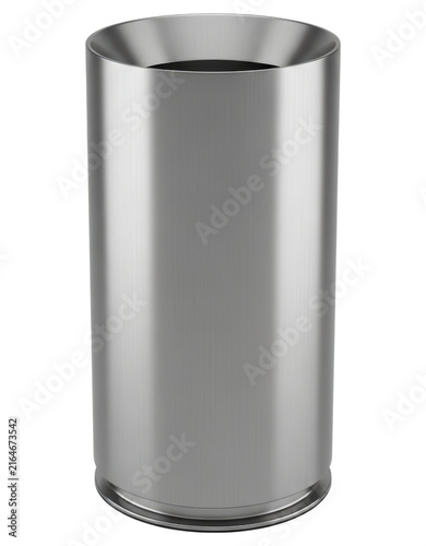 Sleek cylindrical metal trash can isolated over transparent background