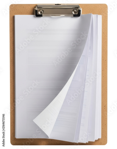 Office wooden clipboard with white flipping paper sheets with transparent background