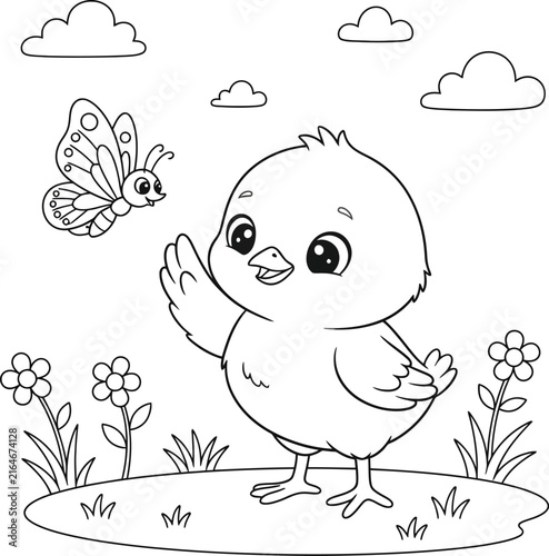 Cute Baby Chick with Butterfly in Flower Garden Line Art Illustration, Adorable Cartoon Bird Coloring Page for Kids