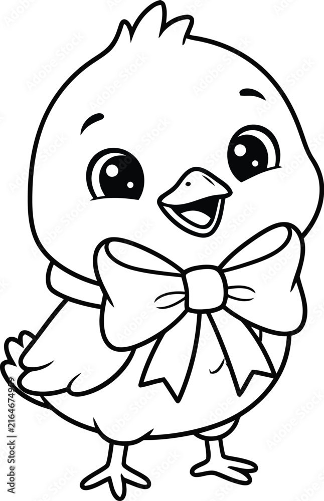 Obraz premium Cute Baby Chick Wearing Large Bow Tie, Happy Cartoon Bird Character, Hand Drawn Outline Illustration for Children’s Coloring Page and Nursery Design