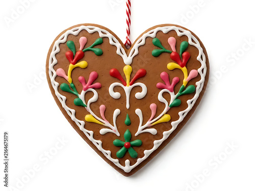 Hand-decorated Bavarian-style gingerbread heart cookie with royal icing floral design and red hanging ribbon