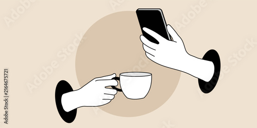 Hands holding a teacup and smartphone a flat vector illustration with a beige background device graphic design digital artwork minimal simple modern communication technology connection