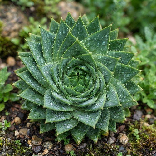 A close-up view of a green succulent plant with sharp pointed leaves covered in morning dew drops, growing in dark soil in a garden environment