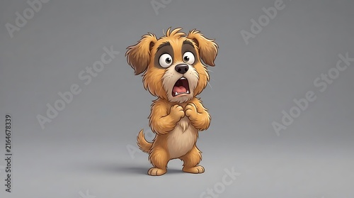 A cute cartoon puppy dog with wide eyes and a surprised expression standing on a plain grey background, with a soft, and clean artistic style