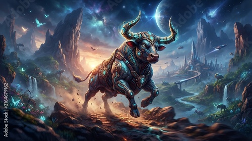 A mechanical bull running through a glowing fantasy landscape with floating lights and a futuristic city under a cosmic night sky