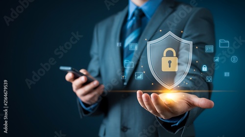 Businessman demonstrates digital security and cyber protection using holographic interface.