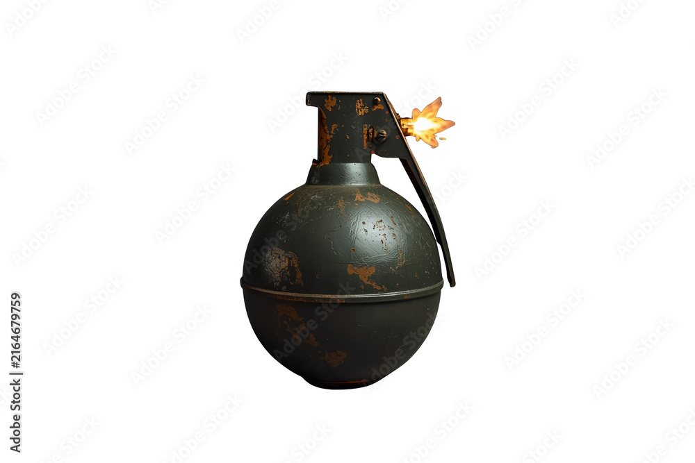 Fototapeta premium Weathered dark hand grenade with burning fuse