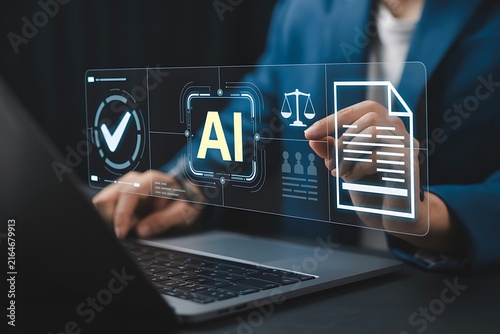 Businessman uses laptop to interact with holographic icons representing artificial intelligence.