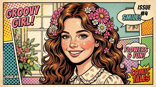 Vintage Comic Style Portrait of Smiling Girl with Flowers.