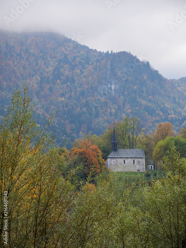 Autumn Chapel Below Misty Chartreuse Mountains
