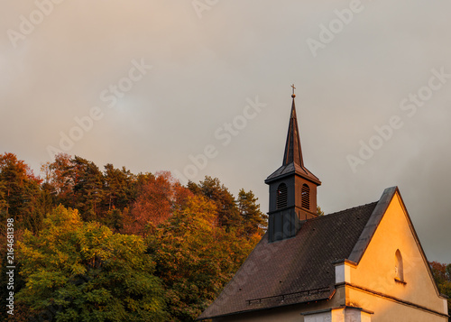 Cemetery Chapel Bell Tower In Warm Autumn Evening Light