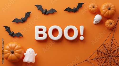 Orange halloween background with pumpkins and flying ghosts