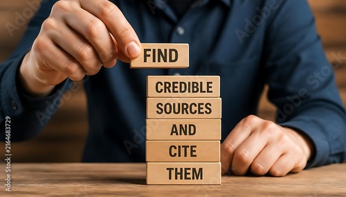 Person holding wooden block with word FIND above stacked blocks reading FIND CREDIBLE SOURCES AND CITE THEM, close‑up on wooden table, concept of research integrity and proper citation practices 